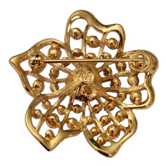 Swarovski Swan Loo Gold Tone Clear Crystal Pave Ball Open Flower Brooch Pin E776 - Picture 5 of 7
